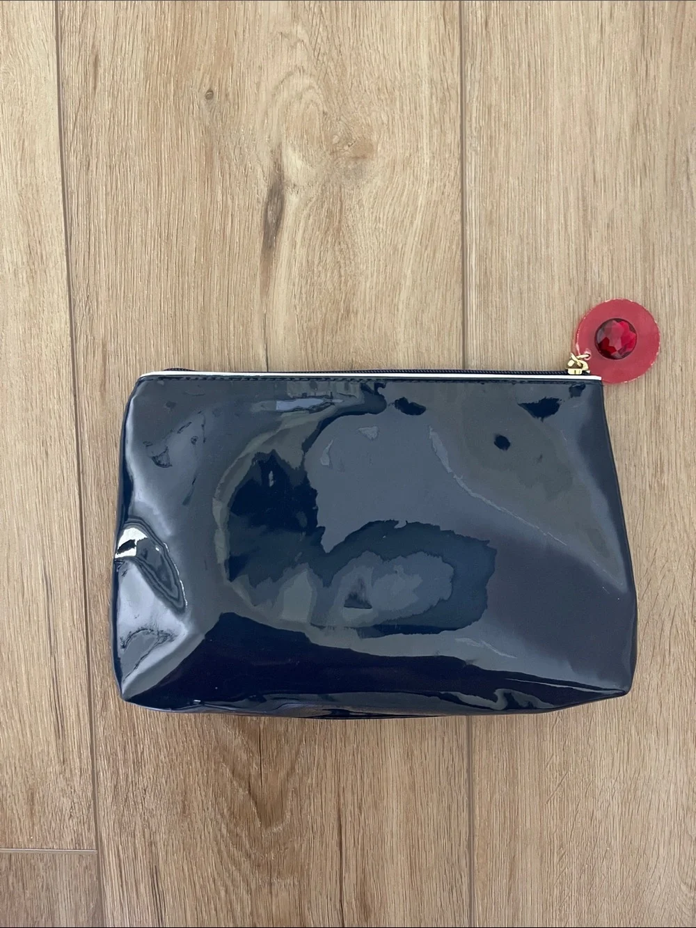 Estee Lauder Navy Blue Patent Cosmetic Bag with Yellow, Orange, Red Accents